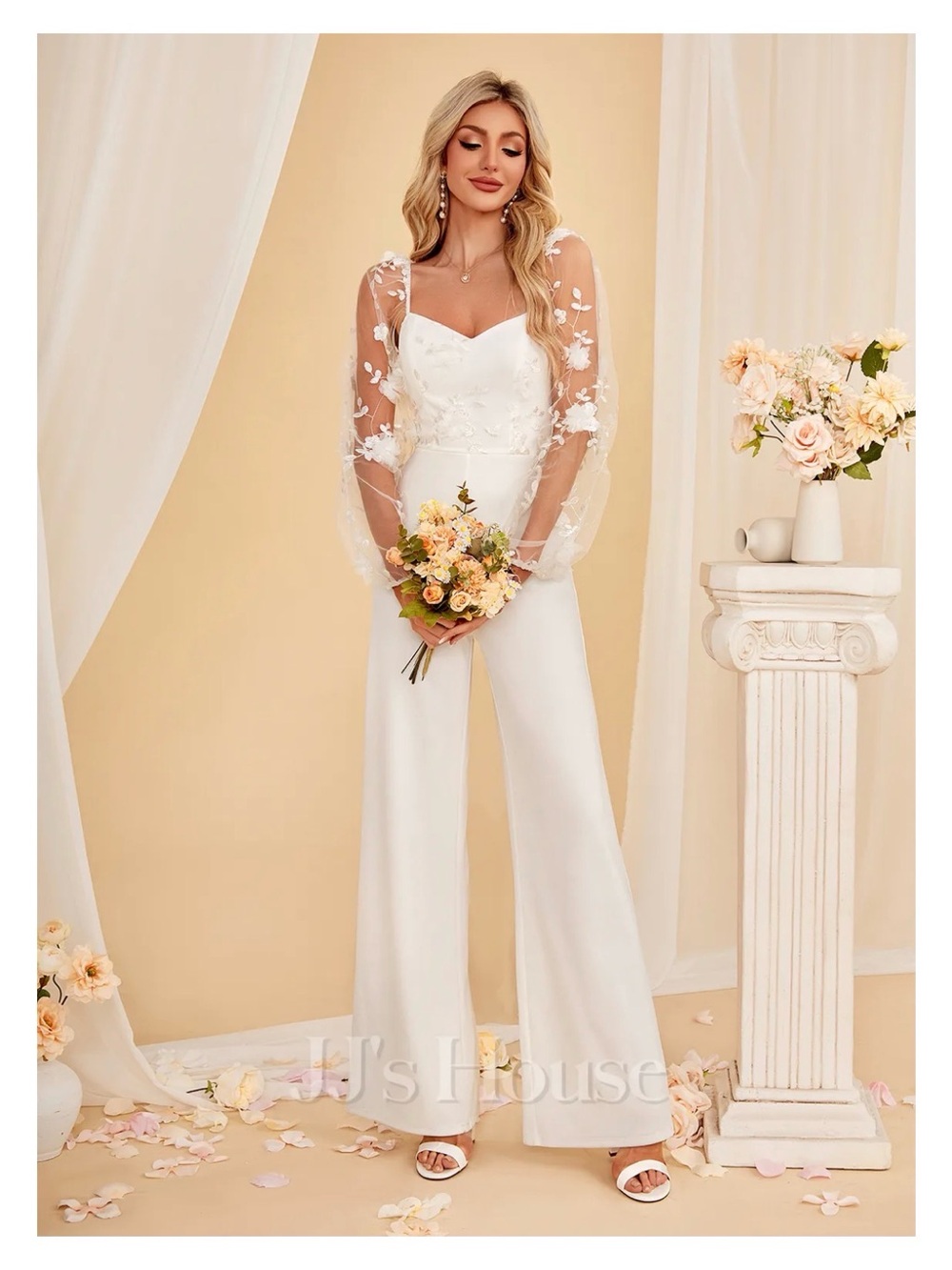 JJs House Ivory Wide-Leg Jumpsuit with Sheer Floral Sleeves